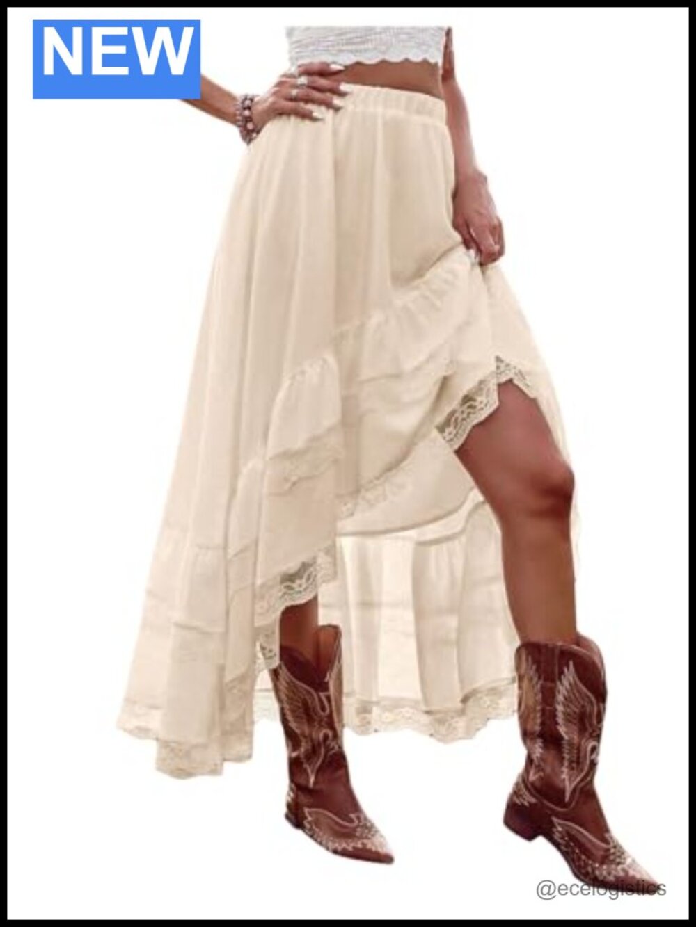 Women's Boho Maxi Lace Ruffle High Low Skirt